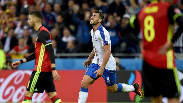 Graziano Pelle celebrates scoring Italy's second in their 2-0 win over Belgium at Euro 2016