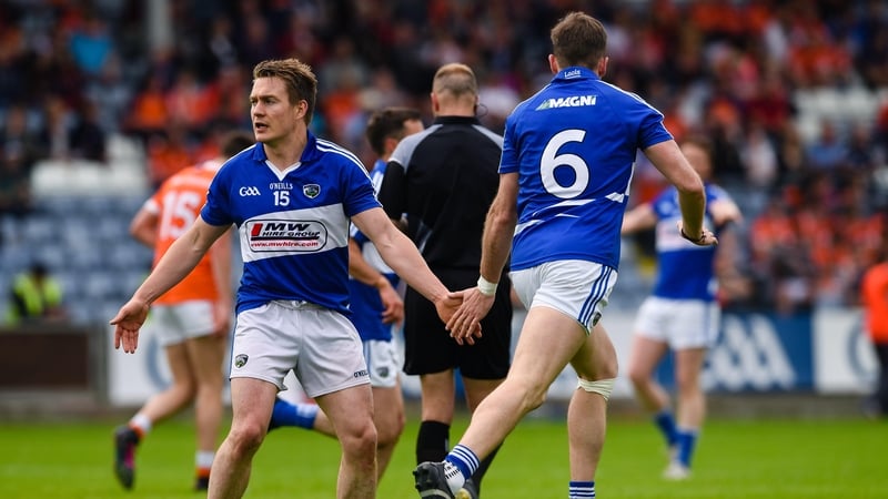 David Conway (15) and Kieran Lillis celebrate a Laois score