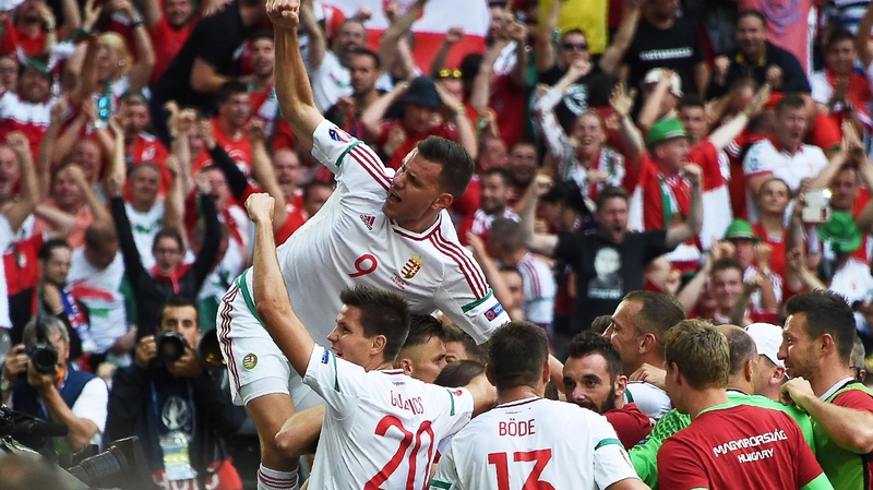 Hungary players celebrate their late leveller
