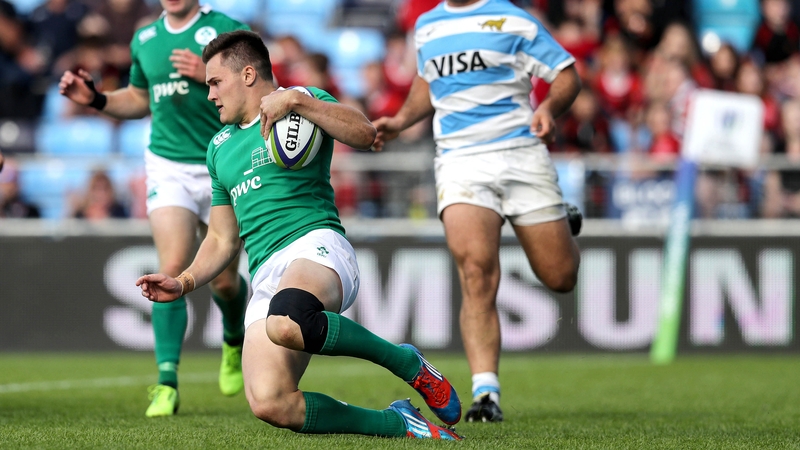 Jacob Stockdale crosses over for his second and Ireland's third try of the contest.