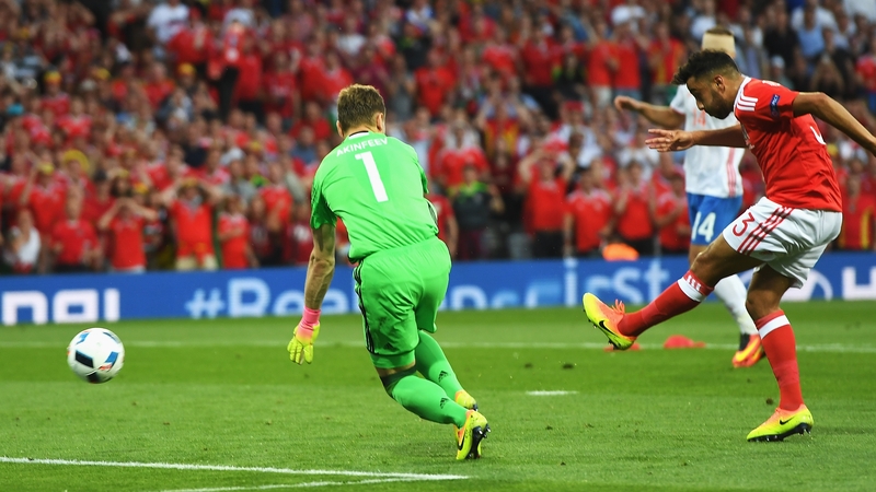 Neil Taylor scores the second goal for Wales