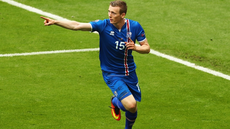 Iceland's Jon Dadi Bodvarsson celebrates opening the scoring against Austria