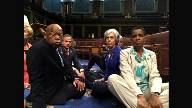 The Democrats stood or sat at the front of the chamber