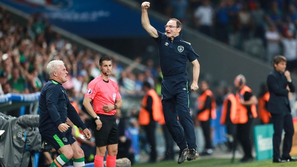 The Ireland boss jumps for joy after Robbie Brady nodded the ball into the Italian net