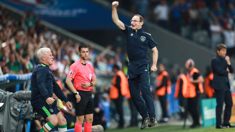 The Ireland boss jumps for joy after Robbie Brady nodded the ball into the Italian net
