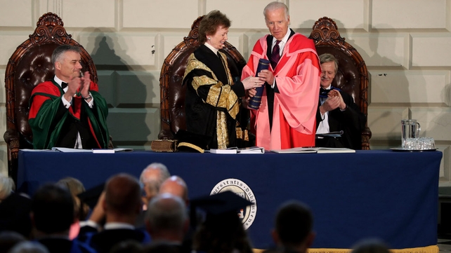 Joe Biden at Trinity College receives an honorary doctorate, presented by Chancellor Mary Robinson