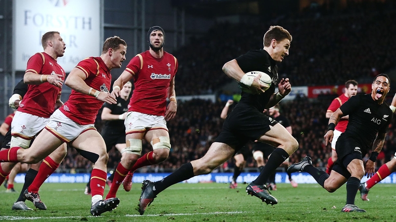 Beauden Barrett runs in a try for the All Blacks