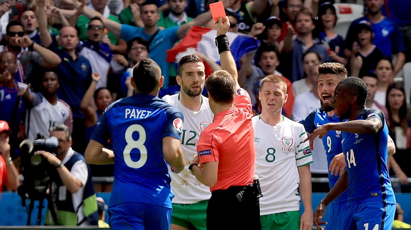 Shane Duffy received his marching orders for a foul on Antoine Griezmann
