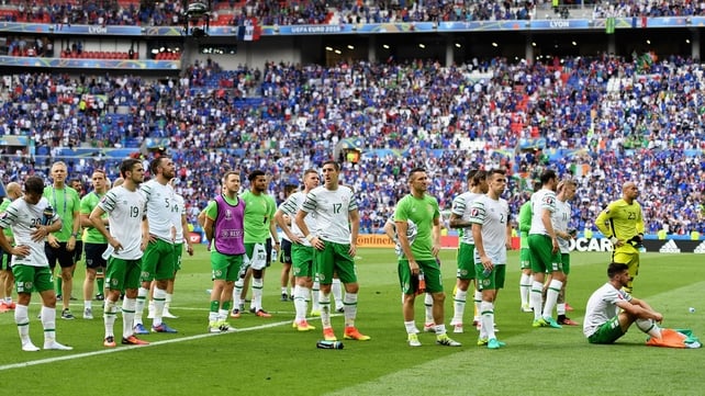 The Ireland players applaud their fans following the final whistle and their exit from Euro2016