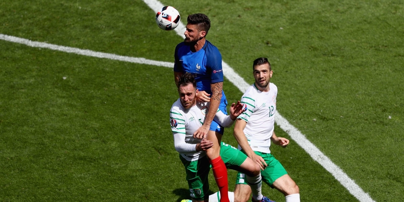 Giroud rises above Ireland's centre halves to help set up France's second goal