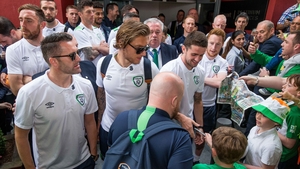 Robbie Keane, Jeff Hendrick and Robbie Brady meet supporters at Dublin Airport