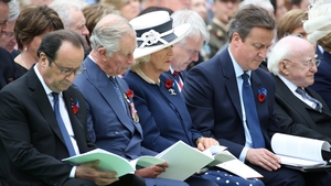 Francois Hollande, Prince Charles, Camilla and David Cameron and President Michael D Higgins at the ceremony in France