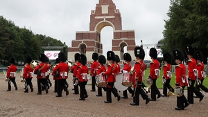 The band of the Welsh Guards arrive at Thiepval Memorial to the Missing of the Somme