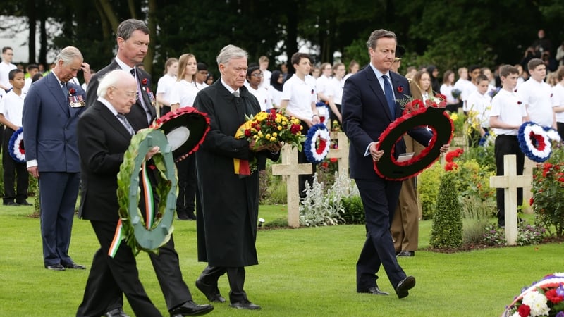 President Higgins, Sir Tim Laurence, former German president Horst Kohler and British Prime Minister David Cameron lay wreaths