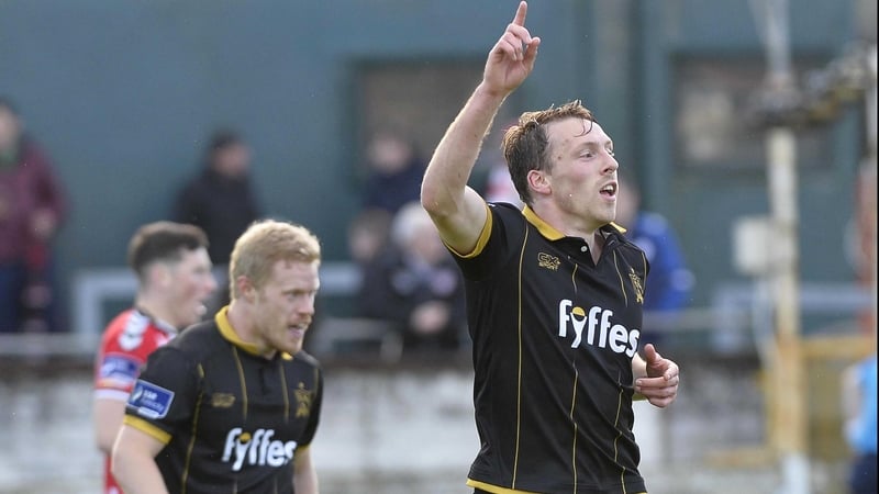 David McMillan celebrates scoring Dundalk's third goal of the night at the Brandywell