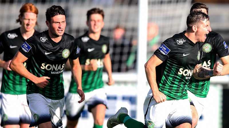 Bray's Dean Kelly celebrates scoring the first goal in a routine win over Wexford Youths