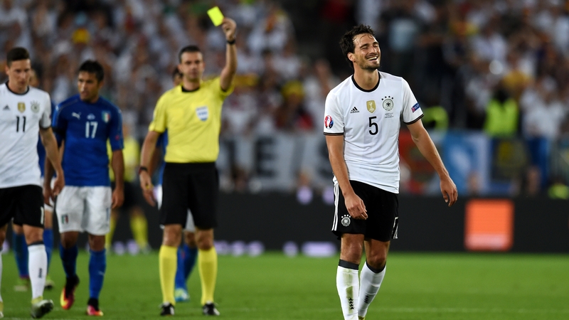 Hummels is booked in the quarter-final win over Italy