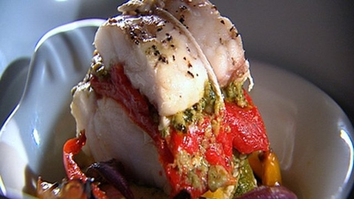 Monkfish roasted with Mediterranean vegetables and pesto.