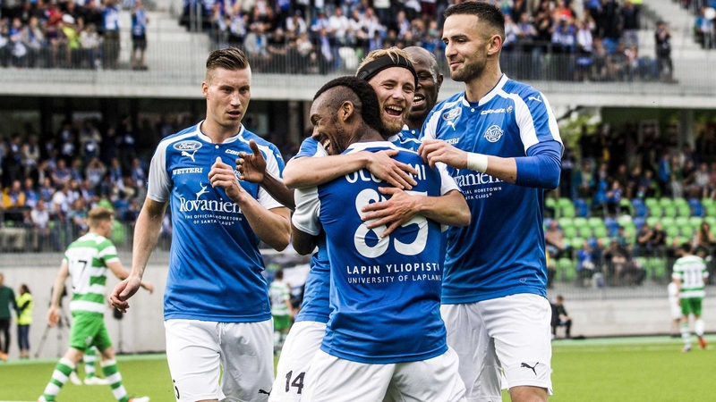 Eetu Muinonen celebrates his goal with his RoPS team-mates