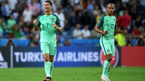 Cristiano Ronaldo and Joao Mario after beating Wales
