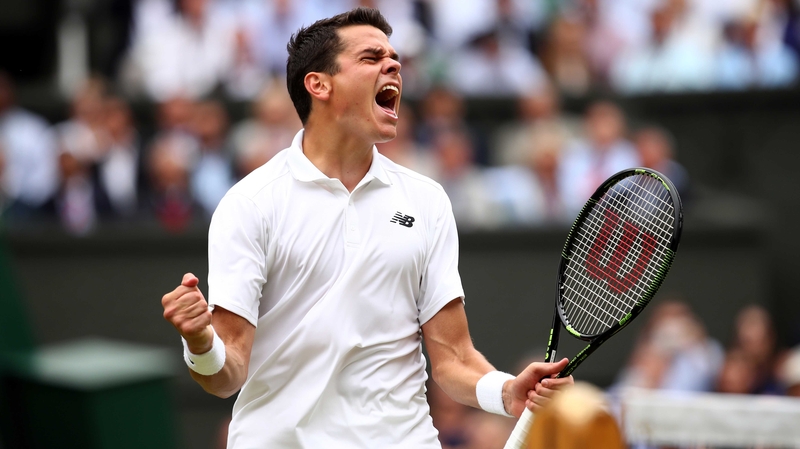 Milos Raonic celebrates his historic win on Centre Court
