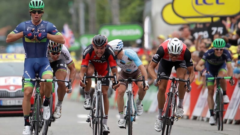 Michael Matthews celebrates his win in Revel