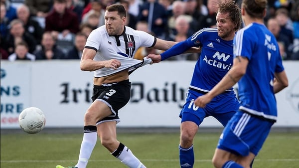 Brian Gartland (L) in action at Oriel Park tonight