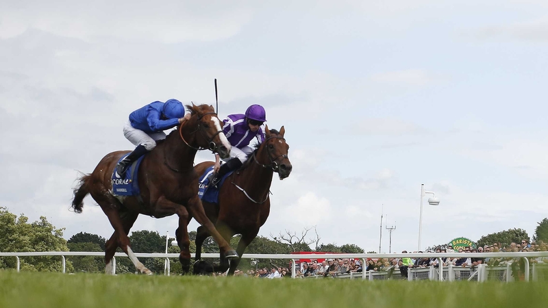 Hawkbill (near side) gets the better of The Gurkha in the Eclipse at Sandown