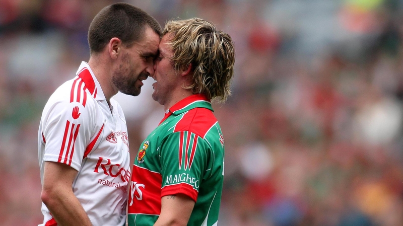 Ryan McMenamin (L) squaring up to Conor Mortimer of Mayo back in 2008