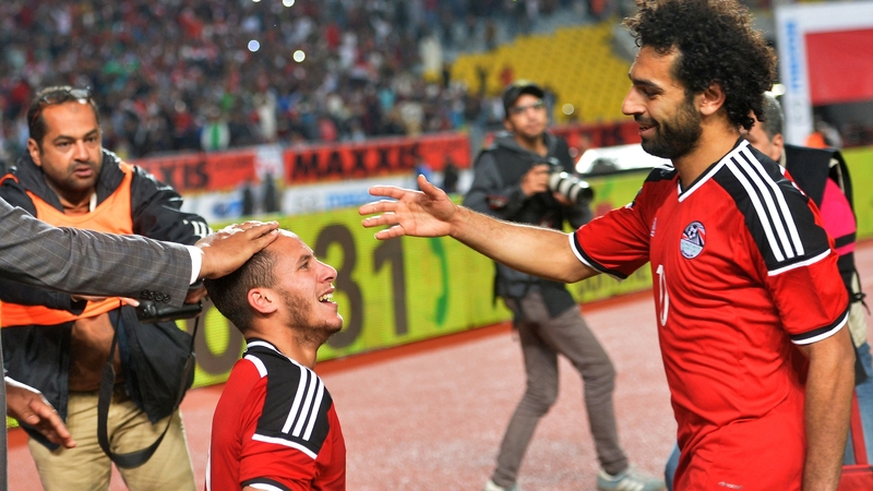 Ramadan Sobhi (L) celebrates a goal for Egypt with team-mate Mohamed Salah