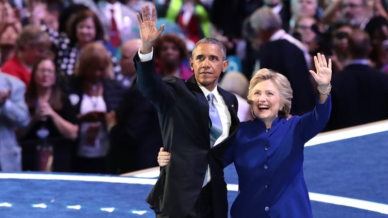 Hillary Clinton joined Barack Obama on stage last night after his speech