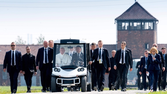 Pope Francis arrives in the Brzezinka part of the camp