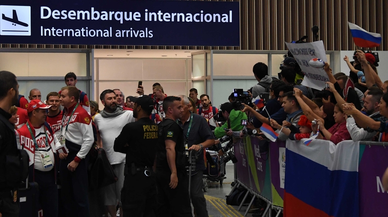 The Russian Olympic team are greeted upon their arrival in Rio de Janeiro