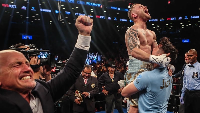 Team Frampton celebrate the last victory over Leo Santa Cruz