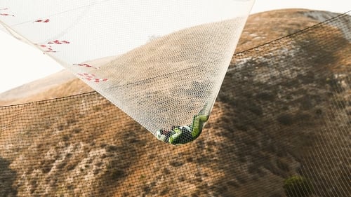 After a free-fall lasting about two minutes, Luke Aikins flipped onto his back and hit the net