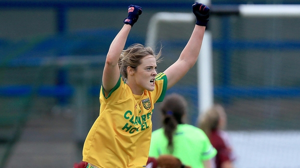 Yvonne McMonagle rejoices after kicking the winning point for Donegal