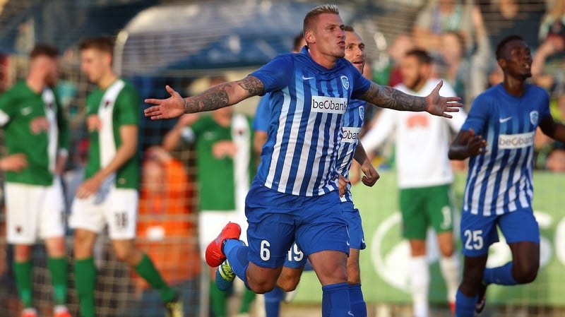 Sebastien Dewaest of Genk celebrates his first-half goal