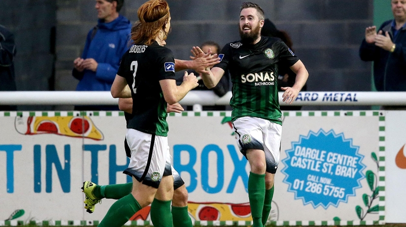 Bray's Mark Salmon celebrates his goal