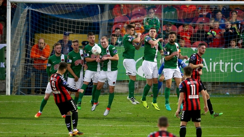 Mark Quigley fails with a free-kick attempt in the first half