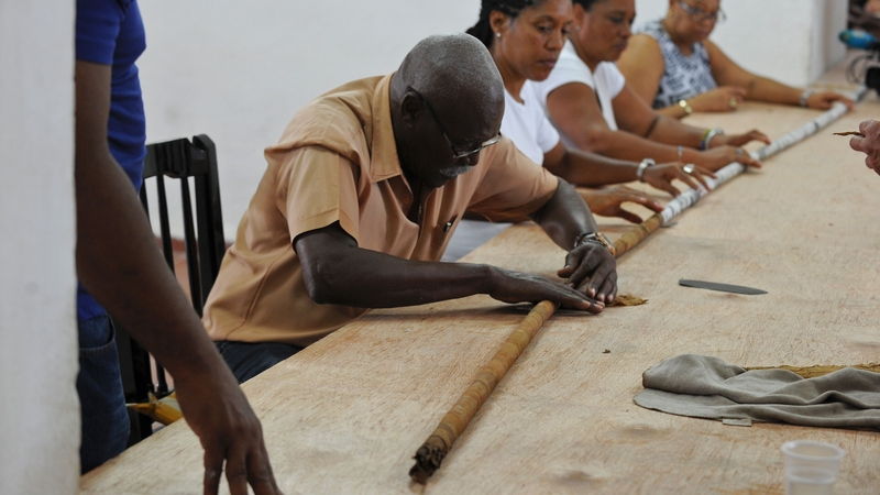 Cuban cigar roller Jose Castelar Cairo, known as 'Cueto', rolling the giant cigar in Havana