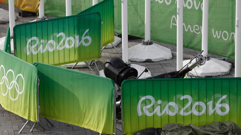 A TV camera that fell to the ground is seen in the Olympic park during the Rio Games