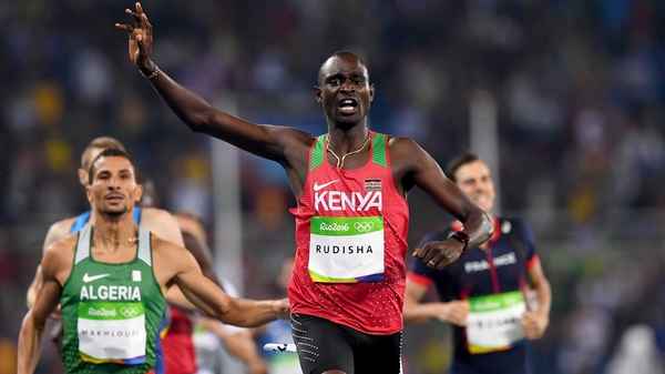 David Rudisha crosses the line and celebrates his vitory