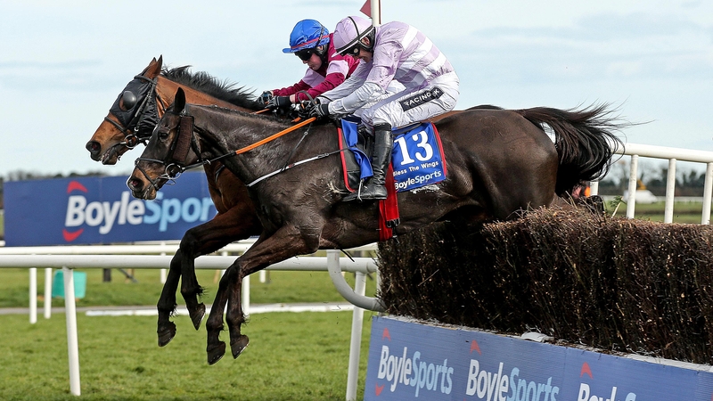 Ger Fox on Rouge Angel with Ruby Walsh on Bless The Wings jump the last together in this year's race