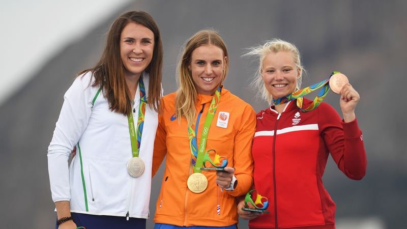 Annalise Murphy with gold medalist Marit Bouwmeester of the Netherlands, bronze medalist Anne-Marie Rindom of Denmark