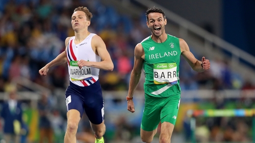 Thomas Barr crosses the line to win his 400m hurdles semi-final