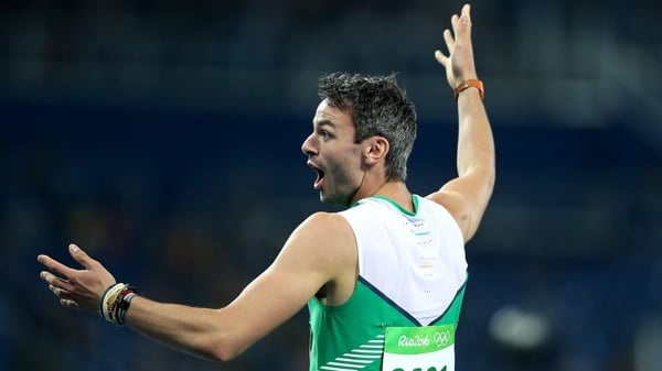 Thomas Barr is in action in the men's 400m hurdles final