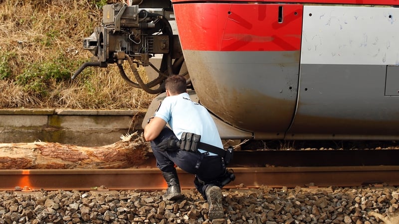 A French police officer looks at the impact point following the crash