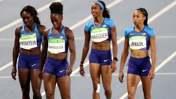 From left to right: Morolake Akinosun, Tianna Bartoletta, English Gardner and Allyson Felix of the United States