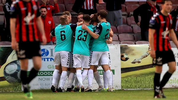 Derry players celebrate Harry Monaghan's goal