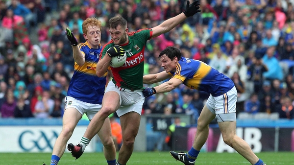 Aidan O’Shea is challenged by Josh Keane and Ciaran McDonald at Croke Park